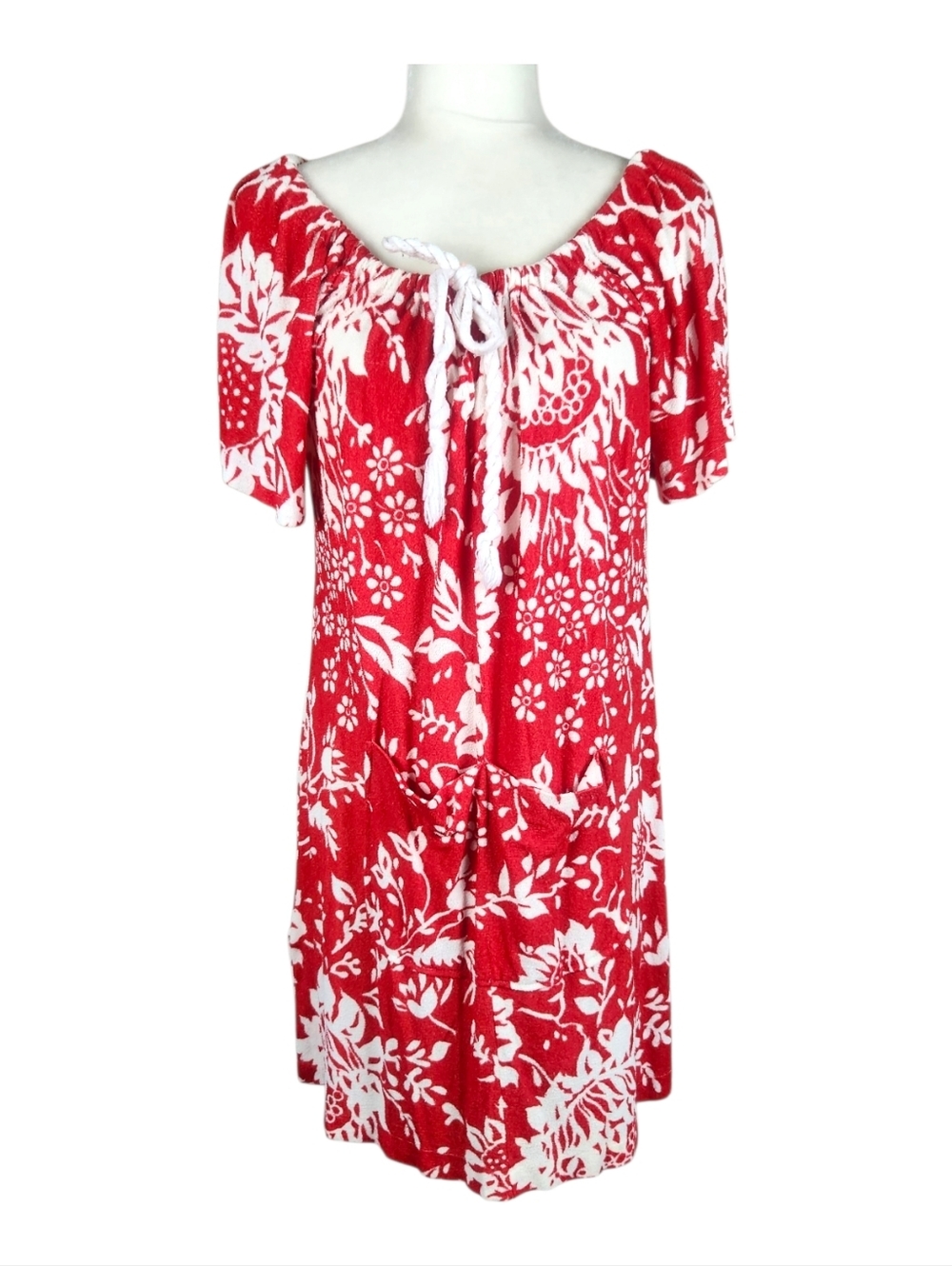 60s Vintage Terry Cloth Mini Dress M/L Red White Floral House Dress Swim Cover